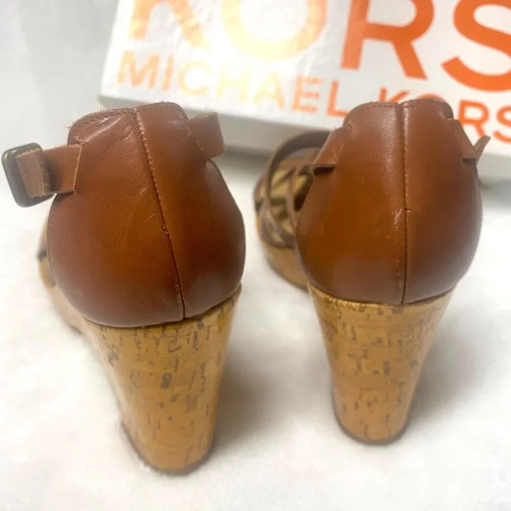 size 8.5 Michael Kors Glossy Cork Sandal, Luggage Brown Strappy Platform‎ Heel
